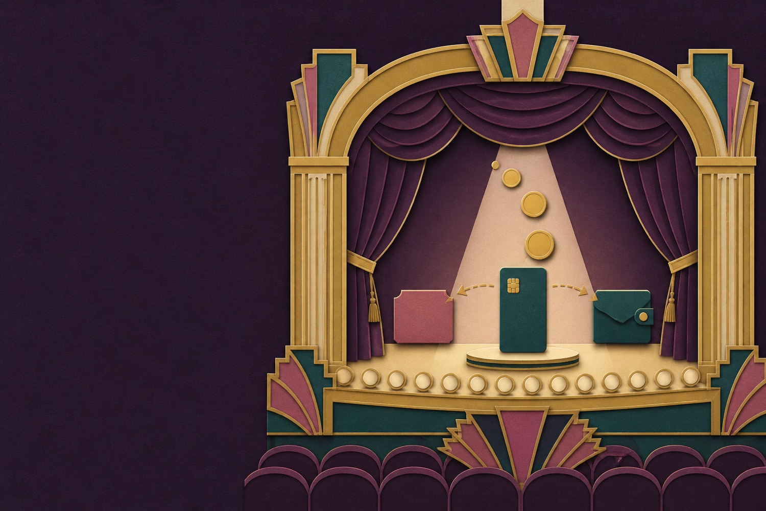 Art-deco stage with a spotlight on a digital wallet card and gold coins