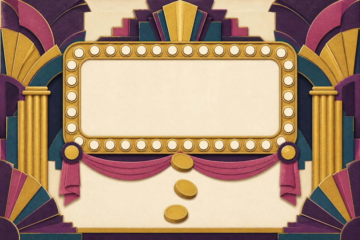An empty deco marquee frame with coins falling from it